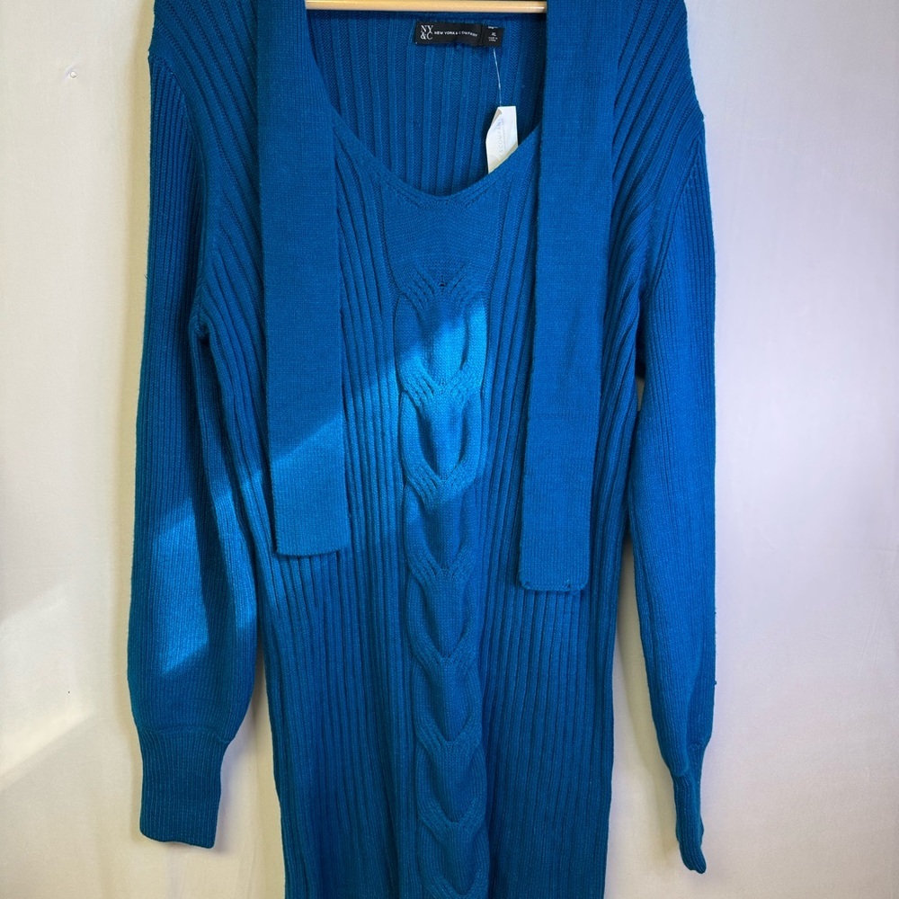 New York & Company Teal Blue XL V-Neck‎ Sweater Dress NWT